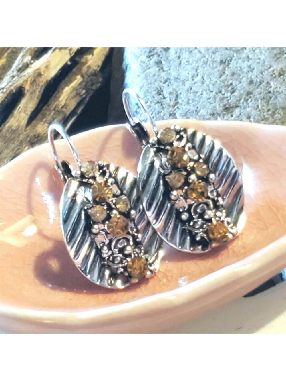 Art Nouveau Style Vintage Amber Color Crystals Antique Silver Leverback Earrings
